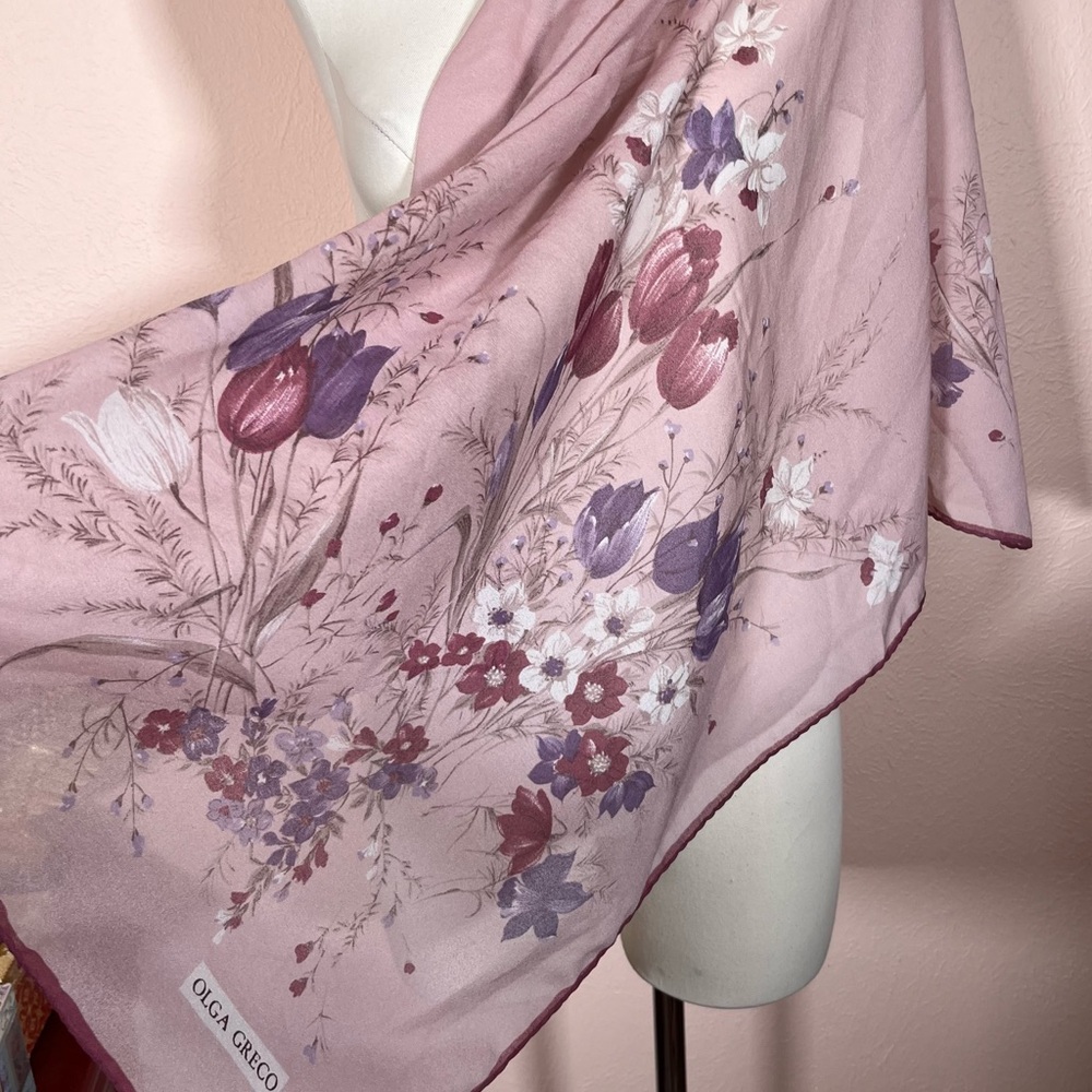 Vintage Olga Greco Victorian Cottagecore Floral Mauve Pink Oversized Scarf MCM
